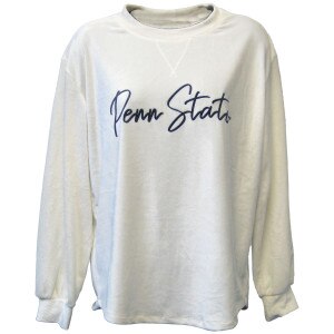 women's ivory crew neck corduroy sweatshirt with script Penn State